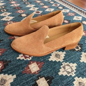 Anthropologie Soludos women SZ 8.5 Tan Sophia Suede Leather Block Heel Loafer